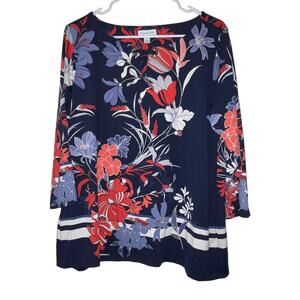 Charter Club Blue Floral Blouse Scoop Neck 3/4 Sleeves Size Large
